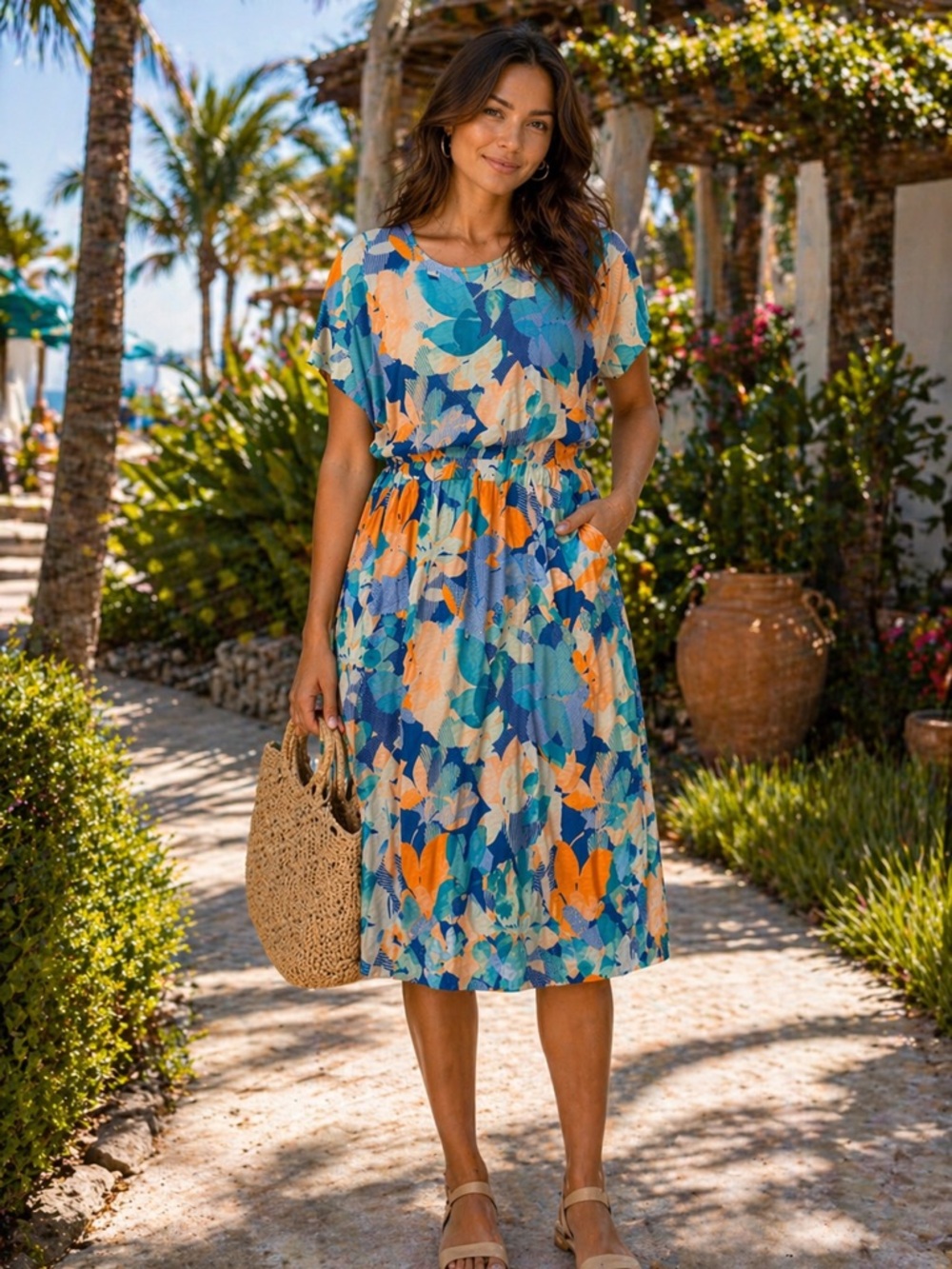 Christopher & Banks Blue and Orange Floral-Print Midi Dress
